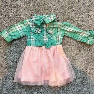 Girls Plaid Flannel Dress w/ Pink Tulle Skirt Button Front Long Sleeve Cute Outf